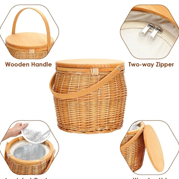 New! Chic insulated wicker picnic basket cooler with wooden lid and handle - Picture 4 of 6